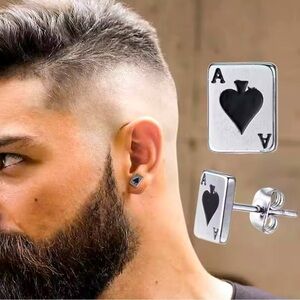 Sterling Silver Plated Stainless Steel Ace Of Spades Stud Earrings Unisex